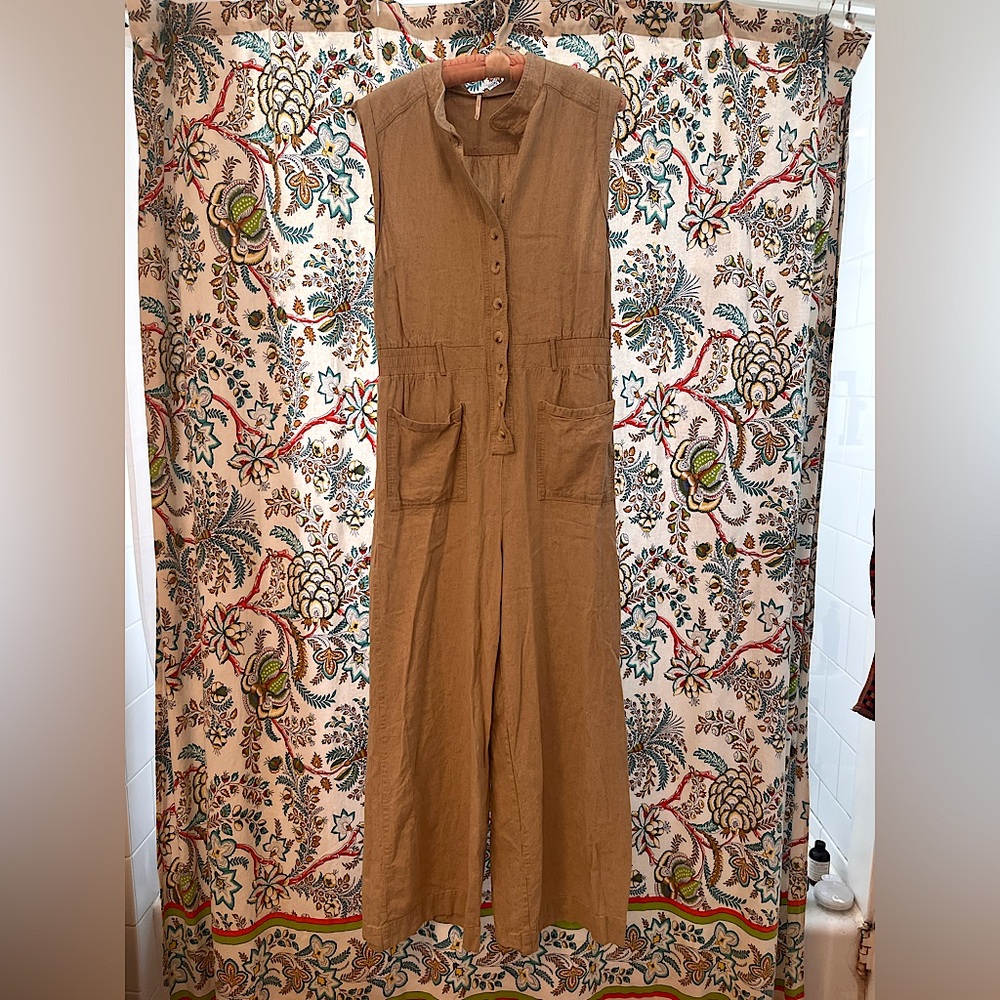 Free people khaki button up sleeveless jumpsuit